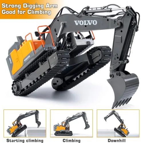 Miniatura 4 de Double E Volvo - Excavadora de control remoto a escala 1:16, juguete de construcción 3 en 1 de 17 canales con pala de metal, taladro, agarre