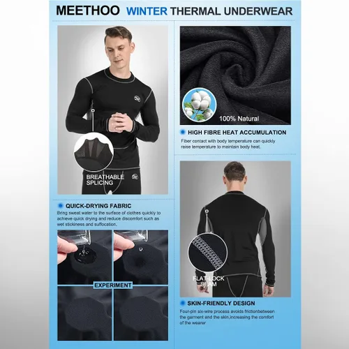 Miniatura 5 de MeetHoo Conjunto de ropa interior térmica para hombre, capa base de compresión, ropa de invierno con forro polar largo, ropa de correr y esquiar