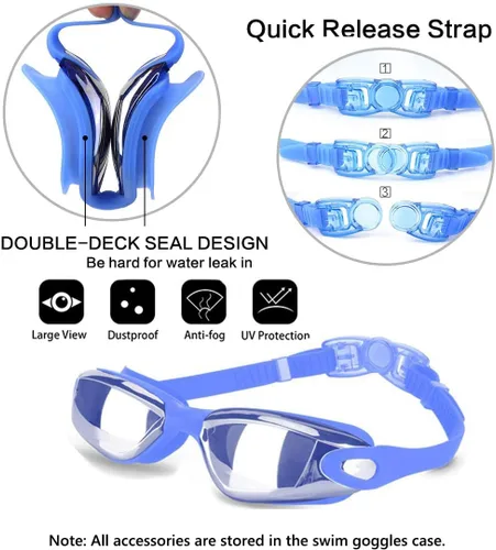 Miniatura 2 de Gafas de natación sin fugas con clip de nariz, tapones para los oídos, gorro de natación y funda para hombres y mujeres Azul lago