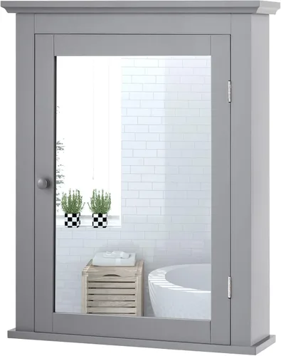 Miniatura 10 de Tangkula Gabinete de baño con espejo, gabinete tipo botiquín con espejo montado en la pared con puerta única y estante ajustable en 5 posiciones