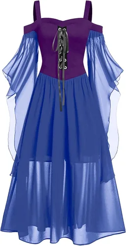Vestido gótico renacentista para mujer, disfraz de Halloween, hombros descubiertos, encaje y manga de trompeta, vestido medieval steampunk 02-azul