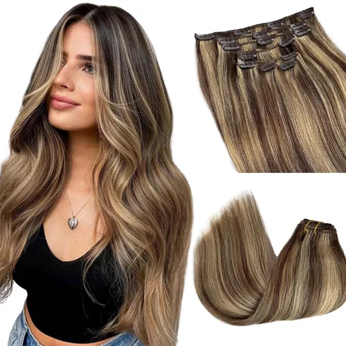 Miniatura 17 de Extensiones de cabello rubio ceniza con reflejos, extensiones de cabello humano real con clip, de 12 pulgadas, 2.47 onzas, doble trama, invisible
