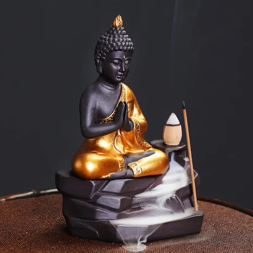 Miniatura 3 de Golden Buddha - Quemador de incienso zen, soporte para incienso árabe, cascada de humo, estufa oriental de aromaterapia decorativa (A)