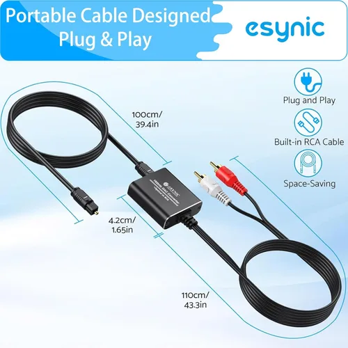 Miniatura 8 de eSynic Adaptador óptico portátil a RCA de 7 pies de largo, convertidor DAC de 192 kHz Plug & Play, convertidor de audio digital a analógico