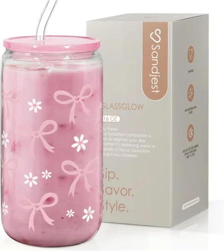 Miniatura 36 de SANDJEST Vaso de Vidrio con Margaritas en Patrón de Tablero de Ajedrez, Taza Floral a Cuadros con Tapa y Pajita, Tazas Estéticas de Café Helado