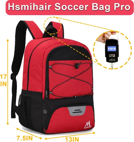 Miniatura 2 de Hsmihair - Bolsa de fútbol - Mochila de fútbol y mochila para fútbol, voleibol y baloncesto, con compartimento para pelota y tacos separados Rojo
