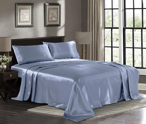 Miniatura 25 de Pure Bedding Sábanas de satén individuales [3 piezas, plateadas] Juego de sábanas sedosas de lujo para hotel, juego de sábanas de microfibra extra