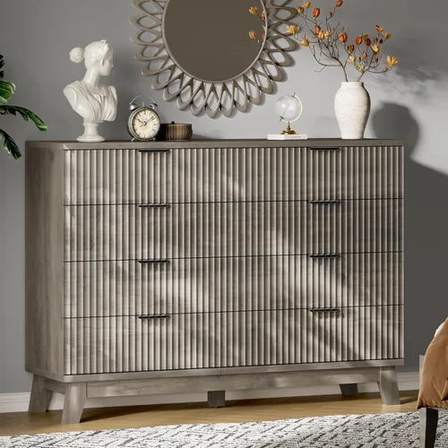 Miniatura 21 de Xixini Cómoda acanalada con 6 cajones, cómoda moderna de 54 pulgadas de ancho con mango de metal, soporte de TV de madera, organizador