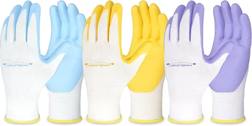 Miniatura 8 de HANDLANDY Guantes de jardinería para mujer, 3 pares de guantes de trabajo transpirables con revestimiento de nitrilo, el mejor regalo para mujeres