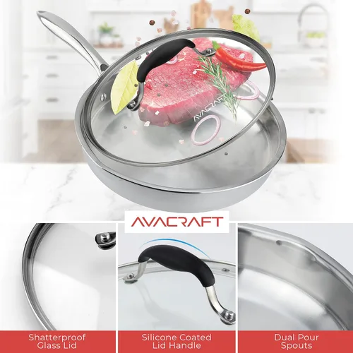 Miniatura 4 de AVACRAFT - Sartén de acero inoxidable 18/10 con tapa de cristal, dos boquillas laterales para fácil verter y mango ergonómico, sartén, 12 pulgadas