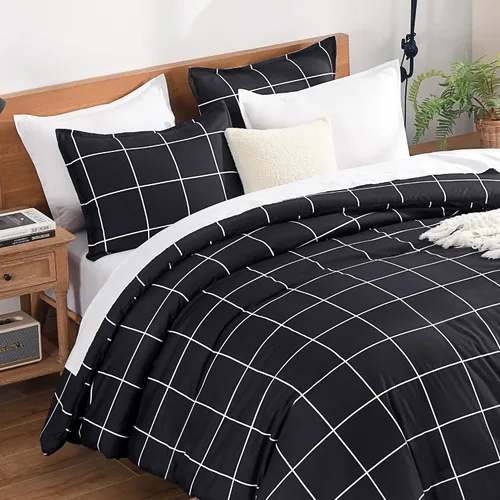 Miniatura 4 de Andency Edredón a cuadros tamaño individual (66 x 90 pulgadas), juego de cama a cuadros negros y blancos para adolescentes y niños, ropa de cama