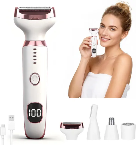 Wet & Dry - Maquinilla de afeitar eléctrica para mujeres y hombres, afeitadora eléctrica recargable 4 en 1 con pantalla LED y removedor de vello
