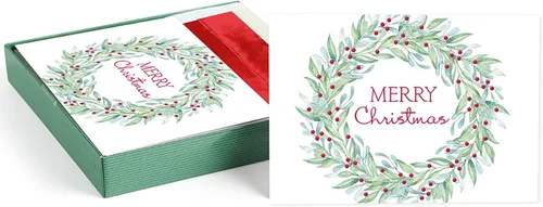 Canopy Street Masterpiece Tarjetas Modernas de Corona de Navidad / Juego de 16 Tarjetas Navideñas en Caja con Detalles de Papel Dorado Rojo / Corona