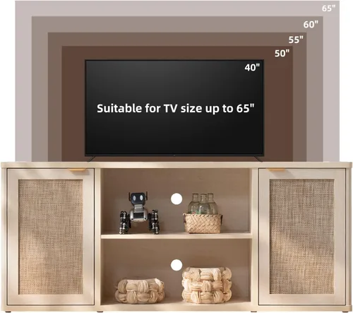 Miniatura 6 de LEYAOYAO Soportes de TV de ratán para sala de estar, gabinete de TV bohemio con almacenamiento y estante abierto, centro de entretenimiento