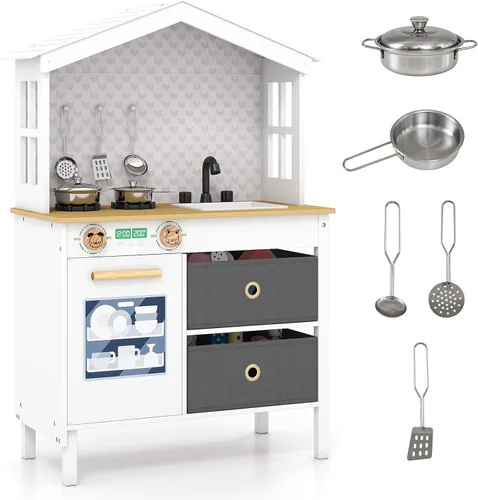 HONEY JOY Cocina de Juego, Juego de Cocina de Madera para Simulación de Granja con Estufa, Fregadero, Grifo, 2 Cajas de Almacenamiento, Utensilios