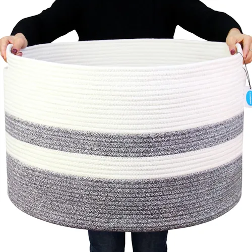 Miniatura 14 de Casaphoria - Canasta tejida con cuerda de algodón 3XL de 22 x 22 x 14 pulgadas, para sala de estar, mantas, ropa sucia, con asa (paquete de 1)