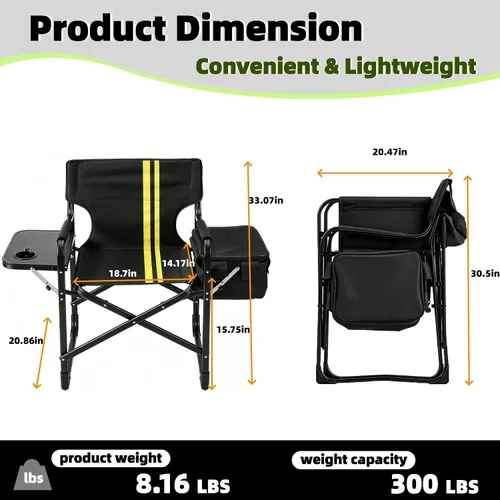 Miniatura 3 de Black Light Weight Camping Directors Chair for Camping Aluminum Frame and Oxford Fabric Supports 300 lbs, Foldable and Portable, with Side Cooler