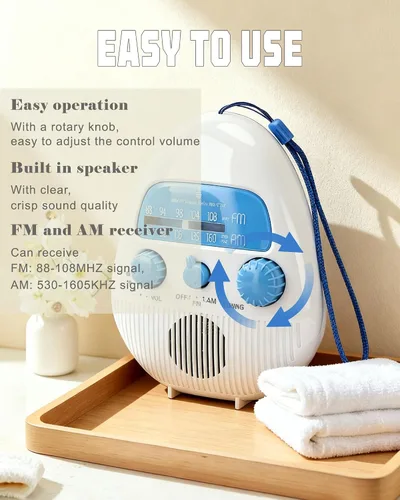 Miniatura 6 de Radio de ducha, radio AM/FM portátil con grandes perillas giratorias para una fácil sintonización, a prueba de salpicaduras para baño, cocina, al
