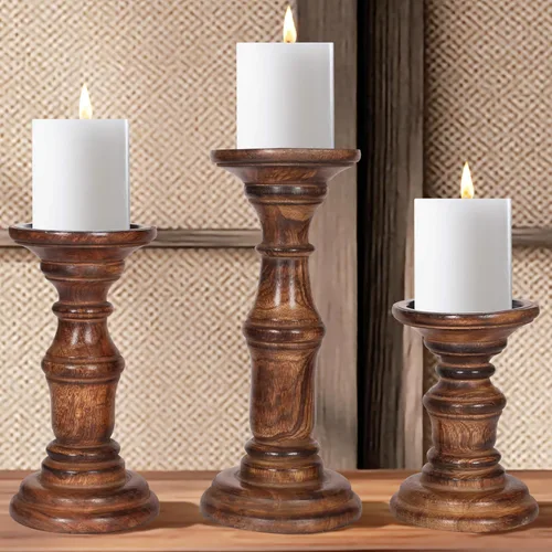 Miniatura 25 de Juego de 3 portavelas de pilar de madera hecho a mano, ideal para velas LED y pilares, regalo para bodas, Navidad, fiestas, hogar, spa, reiki