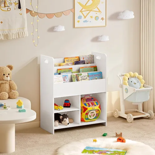 Miniatura 7 de VECELO Estantería para niños, 2 en 1 con estantes y 3 cubos de diferentes tamaños, organizador de madera para almacenamiento de juguetes para Blanco