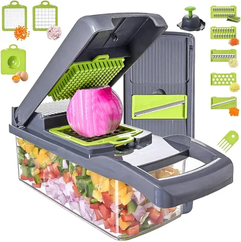 Cortador de Verduras Rebanador 13-en-1 con Juego de Picador de Especias 7 Cuchillas Cortador de Verduras Cortador de Cebolla y Frutas Gris