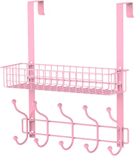 Miniatura 8 de Perchero, colgador sobre la puerta con cesta de malla, estante de almacenamiento desmontable para toallas, sombreros, bolsos, abrigos (negro)