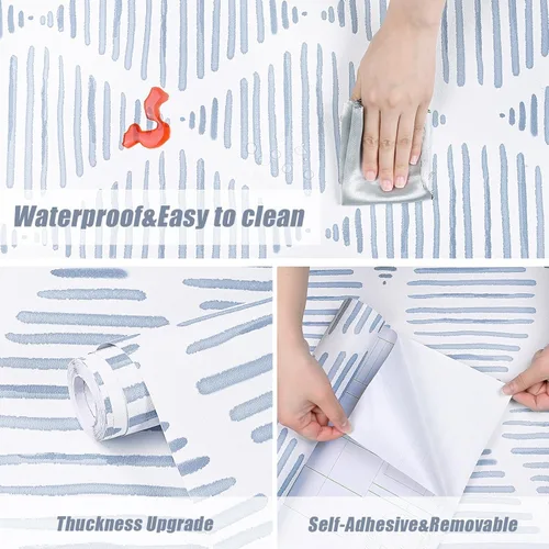 Miniatura 5 de WENMER Papel tapiz geométrico para despegar y pegar de 17.3 x 118 pulgadas, papel tapiz de rayas azules y blancas, papel de contacto geométrico