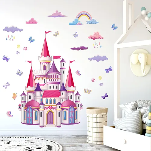 Calcomanías de pared de castillo, arco iris, nube, cuento de hadas, calcomanías de pared para dormitorio de niñas, sala de estar, guardería, color