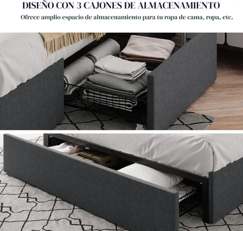 Miniatura 6 de Allewie - Base de cama tamaño matrimonial con plataforma, 3 cajones de almacenamiento, tapizada en tela, soporte de listones de madera, no necesita