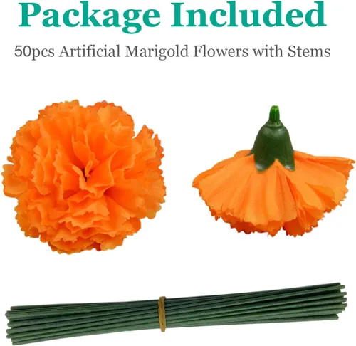 Miniatura 4 de 50 flores artificiales de caléndula, cabezas de seda de 2 pulgadas con tallos para Diwali, festival indio, día de los muertos, día de los muertos