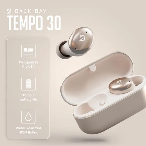 Miniatura 4 de Tempo 30 Auriculares inalámbricos con sonido premium, auriculares Bluetooth para mujeres y hombres, auriculares dorados con micrófono, IPX7 a prueba