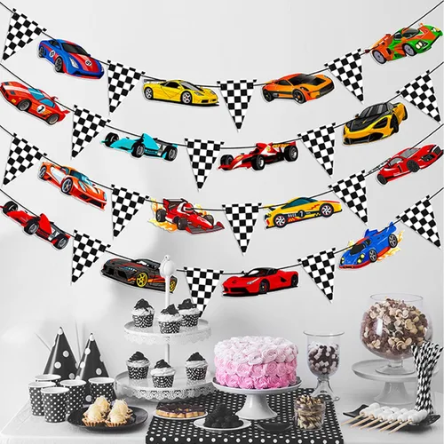 Miniatura 8 de 4 pancartas de fiesta de coches de carreras, decoración de fiesta de coche de carreras, banderines en blanco y negro de carreras de coches