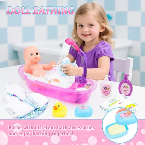 Miniatura 3 de deAO Juego de muñeca bebé, juego de muñeca de 13 pulgadas para hora del baño con spray de ducha funcional y accesorios para niños, muñeca bebé