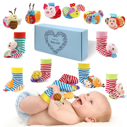 Miniatura 21 de Bloobloomax Juego de calcetines suaves para bebé, sonajero y muñequera, sonajero para bebés, juguetes de peluche de algodón y felpa, regalo