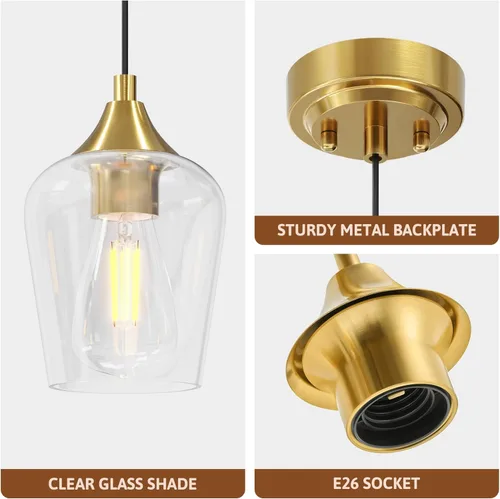 Miniatura 3 de VONLUCE Lámpara Colgante de Isla de Cocina, Lámpara Colgante de Oro Cepillado con Base E26 y Cable Ajustable, Iluminación Colgante Moderna con Dorado