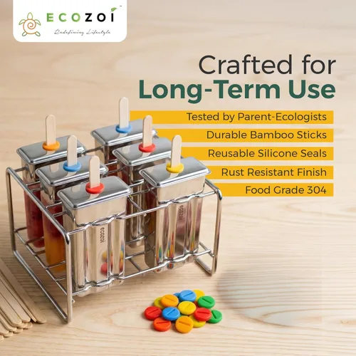 Miniatura 7 de Ecozoi Moldes y Estante de Acero Inoxidable para Paletas – 6 Moldeadores de Paletas de Hielo Cuadradas + 30 Palos de Bambú Reutilizables + 12 Sellos