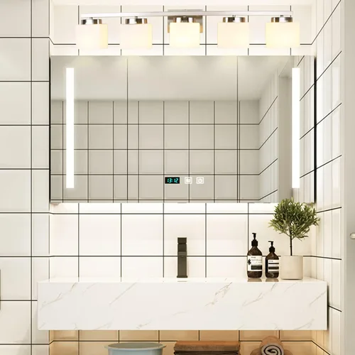 Miniatura 6 de Lámpara de tocador de níquel cepillado de 4 luces con pantalla de vidrio blanco para baño sobre espejo, 31.5 pulgadas