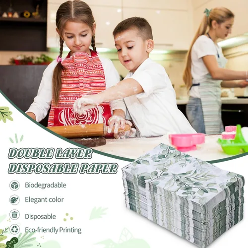 Miniatura 4 de 100 servilletas desechables para invitados, toallas de mano desechables de papel con hojas verdes, servilletas de mano decorativas de papel