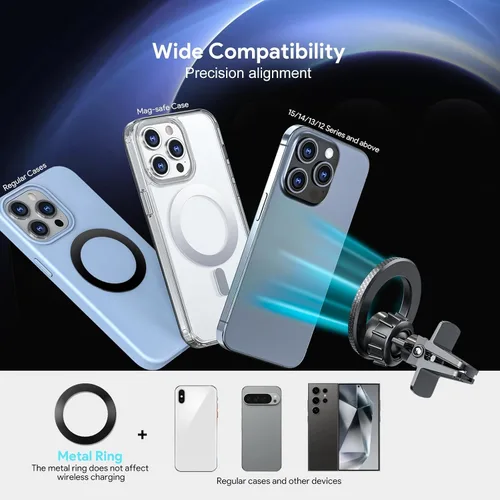 Miniatura 3 de ] Soporte de coche compatible con MagSafe, soporte magnético para teléfono con imanes fuertes y anillo de metal incluido, soporte de teléfono