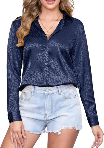 Miniatura 35 de CUNLIN Camisas de satén de seda suave con botones de leopardo para mujer, camisa de trabajo de manga larga de seda, blusas de vestir, tops