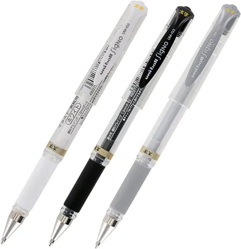 Pluma de punta rodante Uni-Ball Signo UM-153, tinta de gel, con Punta amplia, de 1.0 mm, paquete de 3 unidades, negro, blanco, plateado (White,