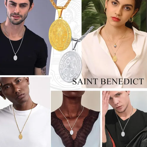 Miniatura 6 de PROSTEEL Collar con medalla de San Benito de acero inoxidable joyería de protección para hombres y mujeres chapado en oro real de 18 quilates