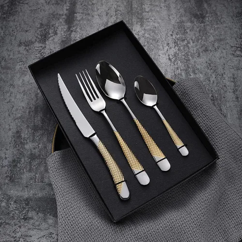 Miniatura 3 de Juego de cubiertos martillados dorados para 6 cubiertos de acero inoxidable 18/10, juego de cubiertos de 24 piezas, incluye cuchillos, tenedores