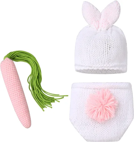 Miniatura 4 de IMEKIS Disfraz de conejo de Pascua para recién nacido, disfraz de ganchillo de punto, pañal, zanahoria, primer cumpleaños, conjunto para niño y niña
