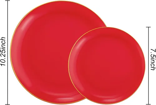 Miniatura 2 de PULOTE 100 platos de plástico rojo desechables, resistentes, incluye 50 platos de cena / 50 platos de postre para fiestas y Navidad