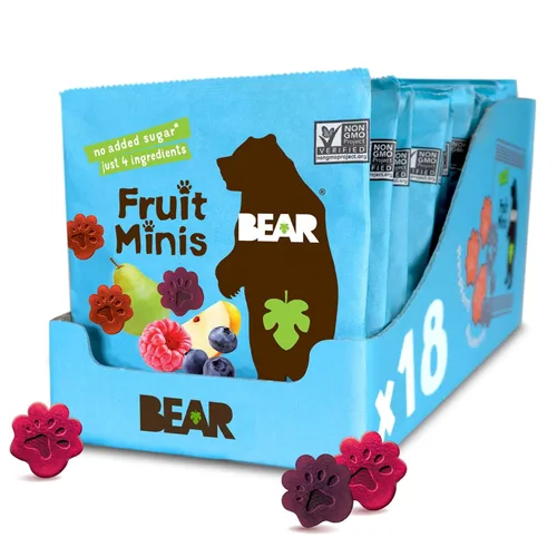 BEAR Mini bocado de frutas real, frambuesa/arándano, bocadillos de tamaño mordido para niños, sin gluten, vegano, sin OMG, 0.7 onzas (paquete de 18)