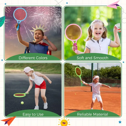 Miniatura 3 de Wettarn 8 raquetas de tenis de plástico para niños, con 4 pelotas de tenis y 4 volantes, juego de raquetas de playa en 3 colores para niños, regalos