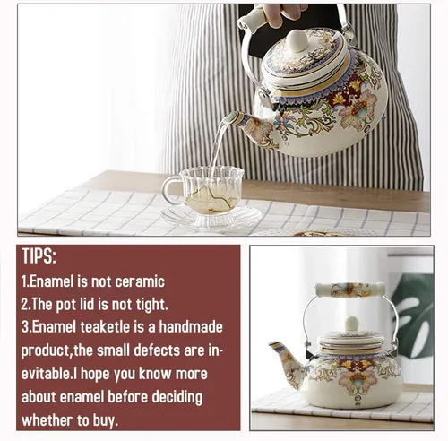 Miniatura 6 de Tetera de Esmalte Cerámico Floral Tetera para Estufa, Tetera Grande de Porcelana Esmaltada (blanco) (2.4L, blanco2)