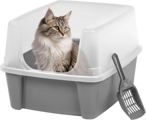 Miniatura 10 de IRIS USA - 2 Pack Caja de arena para gatos grande de tapa abierta con lados altos, escudo antidesperdicio y pala, color negro, para gatos