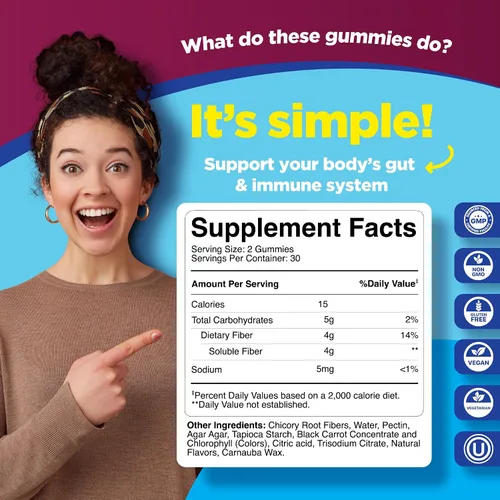 Miniatura 7 de Gomitas avanzadas de fibra para adultos, suplemento de raíz de achicoria con soporte prebiótico y aceite de coco para la salud intestinal